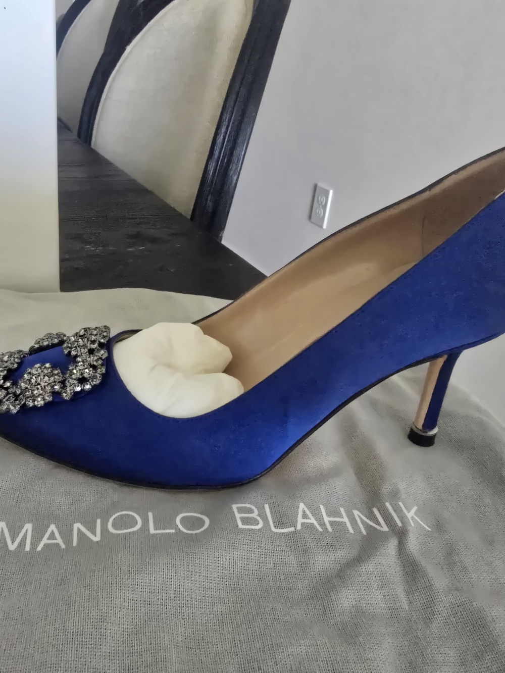 Manolo Blahnik Royal Blue Satin Jeweled Pointed Pump